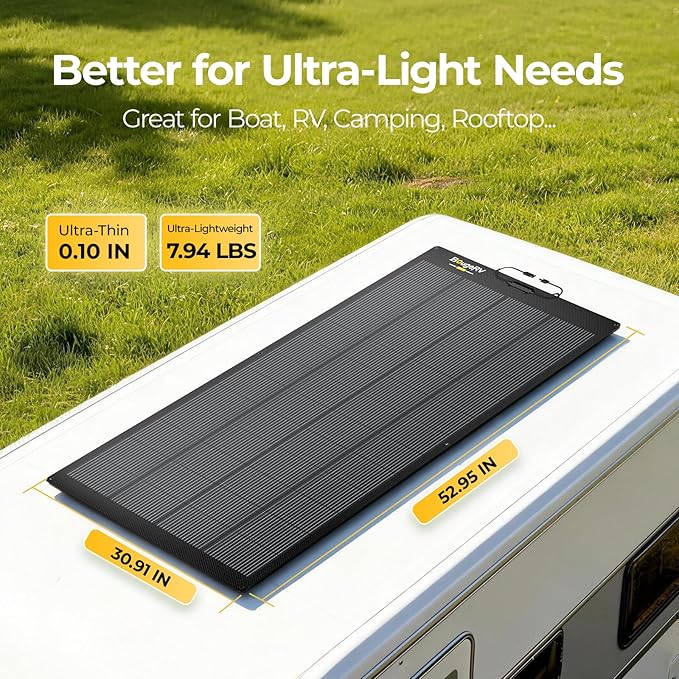 BougeRV Upgrade Arch 200W N-Type Fiberglass Flexible Solar Panel, 24 Volts 16BB Mono Cell 25% High-Efficiency, 270° Lightweight Compact for RV Boat Marine Camping Home Curve Surface Black