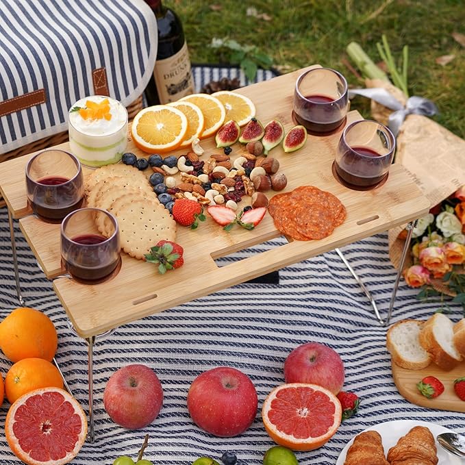 Wicker Picnic Basket for 4, 4 Person Picnic Kit, Willow Hamper Service Gift Set with Blanket Portable Bamboo Wine Snack Table for Camping and Outdoor Party