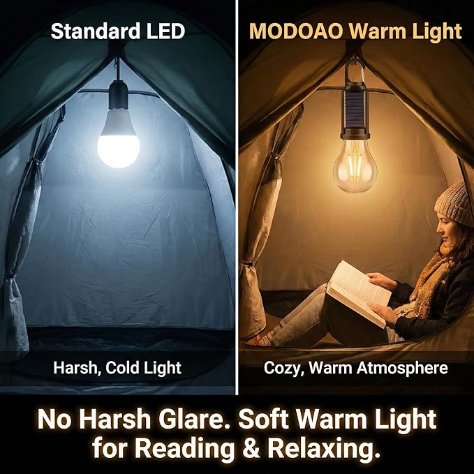 MODOAO 8-Pack Solar LED Camping Lantern, Rechargeable Outdoor Tent Light with Solar/USB Charging, 3 Mode Warm White, Waterproof & Clip Hook, for Camping, Hiking, Emergency, Christmas Decor