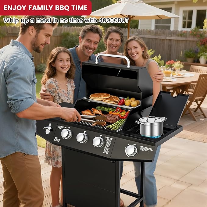 3 Burner Propane Gas Grill with Side Burner, 40,000 BTU Output Propane Grill, Outdoor Gas BBQ Grill with Stainless Steel Grates, Outdoor Cooking for Patio, Camping, Backyard