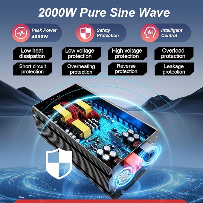 2000W Power Inverter 12V to 110V 120V AC Pure Sine Wave Inverter for RV Truck Camping,Outdoor Off-Grid Power Converter with LCD Display,Wired Controller,AC Outlets USB Port(12V-2000Watt)