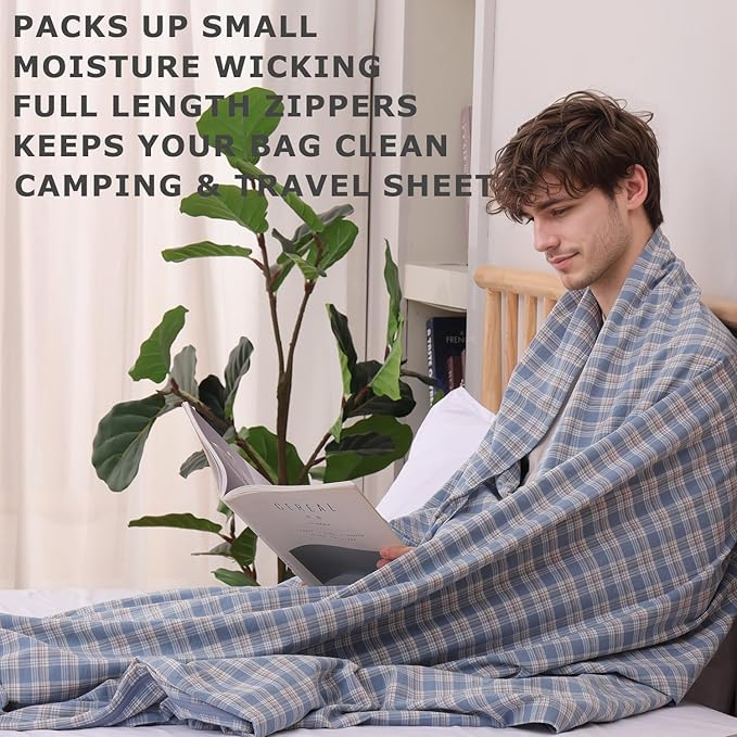 100% Cotton Sleeping Bag Liner with Full Length Zipper on 3 Sides; Single/Double Adult Sleep Sack for Travel & Camping, Multifunctional Travel Sheets (Unzipped 87”x87”) for Hotel, Lightweight