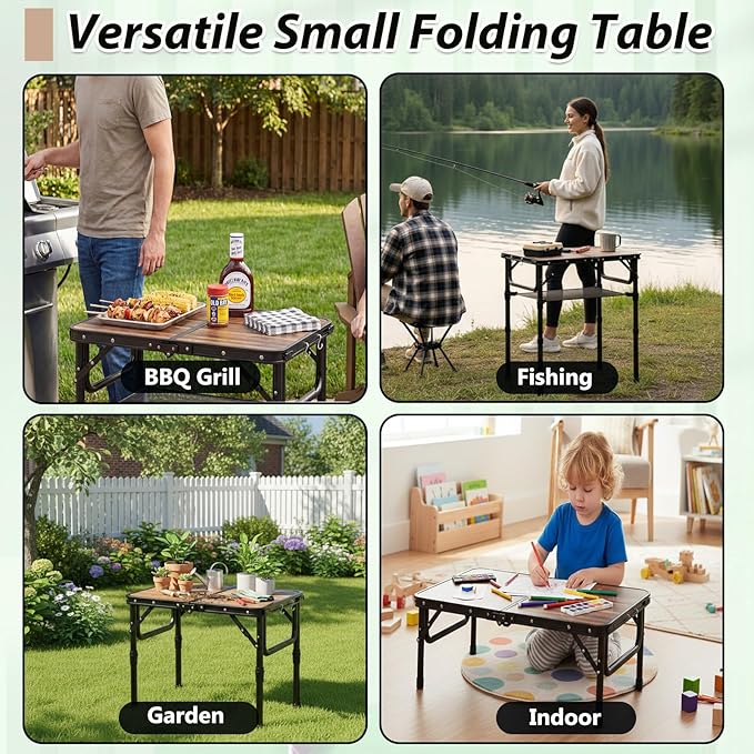 Folding Picnic Table with Storage Net, 3 Adjustable Heights Aluminum Small Folding Table, Lightweight, Portable Carrying Handle, for Camping Travel Outdoor