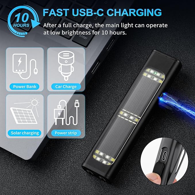Solar/Rechargeable Flat Flashlights, 900 Lumens EDC Tactical Flashlight, Multi Function LED Small Flashlight, 7 Modes IP65 Waterproof for Home, Camping,and Emergency Use (Black)