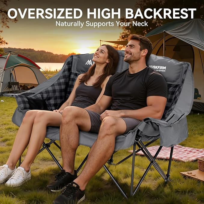 Padded Double Camping Chair High Back Double Seat Camping Chair Oversized Camping Loveseat Support 800LBS Heavy Duty Camping Couch with Cup Holders, Cooler, Carry Bag, Grey