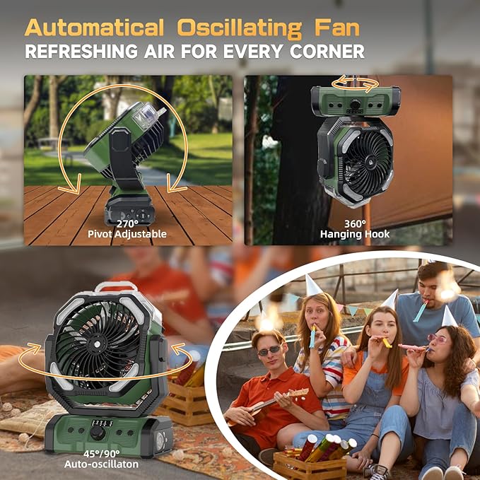 Portable Misting Camping Fan Rechargeable, 20000mAh Cordless Battery Powered Fan with LED Lantern - Rechargeable Camping Fan with Remote, 360° Pivot Hook for Outdoor, Hurricane, RV, Tent, Office