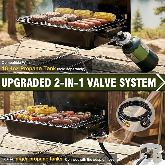 BESTFIRE Portable Propane Gas Grill with New 2-in-1 Valve - Compatible with Large Tank & Small Cylinder, Gas Grill with Foldable Legs & Adjustable Regulator,Heavy Duty, Perfect for Outdoor Camping