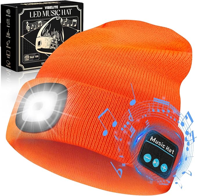VIBELITE Bluetooth Beanie Hat with Light, Gifts for Men, USB Rechargeable LED Headlamp with Wireless Headphones,Birthday Gifts for Men, Dad, Him, Teen Boys, Husband, Women, Boyfriend, Orange
