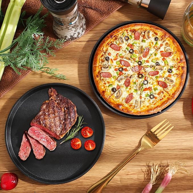 Maxdot 2 Pcs Small Cast Iron Griddle Pan 9.8 Inch Easter 4th of July Round Cast Iron Pizza Pan Camping Skillets Mini Carbon Steel Griddle for BBQ, Baking, Grilling, in the Oven, on the Stove or Grill