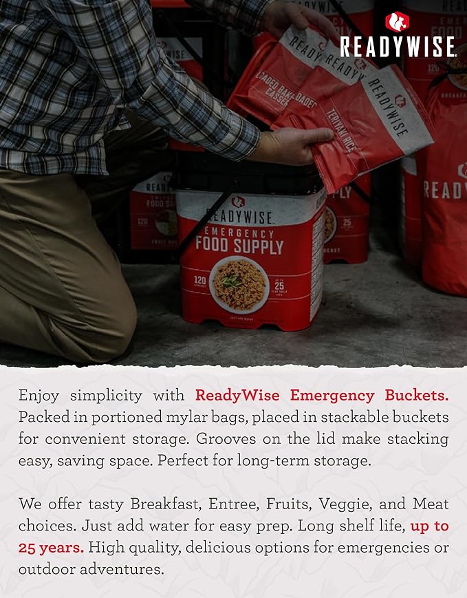 ReadyWise Emergency Food Supply - 90 Servings Organic Bucket, Protein Meals, Dehydrated & Freeze Dried Survival Food for Backpacking, Camping Essentials & Prepping Supplies, up to 25 Year Shelf Life