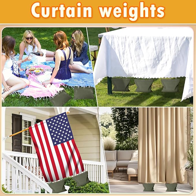 10 Set Outdoor Curtain Weights Upgraded 30 oz High Weighted Sand Bags with 30 Metal Clips for Gazebo Patio Tent Tablecloth 7.5"*8.7" Green