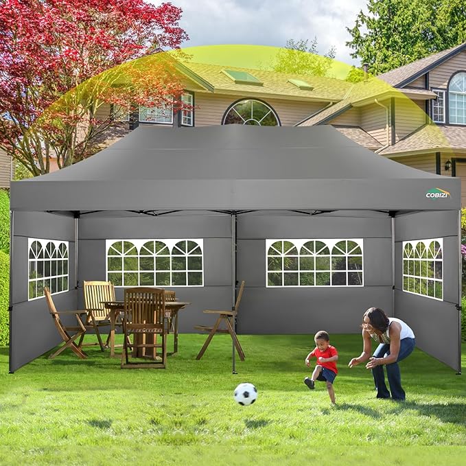 COBIZI 10x20 Canopy with Sidewalls, Heavy Duty Party Tent Pop up Canopy, Tents for Parties, Wedding, Outdoor Easy up Foldable Portable Canopy Tent with Wheeled Bag, Grey(Windproof Upgrade)