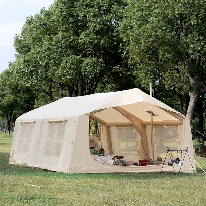 Oxford Inflatable Tent for Camping with Hand Pump, 4 Season Glamping Tents with Stove Jack for 8-12 Person, Waterproof Outdoor Party Camping Festival