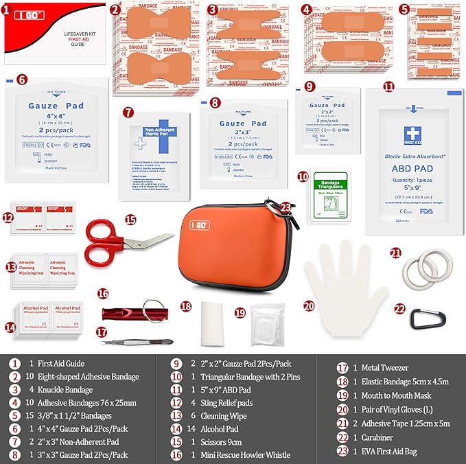 I GO 85 Pieces Hard Shell Mini Compact First Aid Kit, Small Personal Emergency Survival Kit for Travel Hiking Camping Backpacking Hunting Marine Car