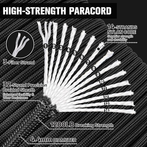 1200 Paracord Rope - 4.4mm 14 Strand Nylon Parachute Spool para Cord Lanyard for Outdoor Camping Survival Utility Tent Crafting DIY Projects Fishing Clothsline Bracelet - Black 300FT