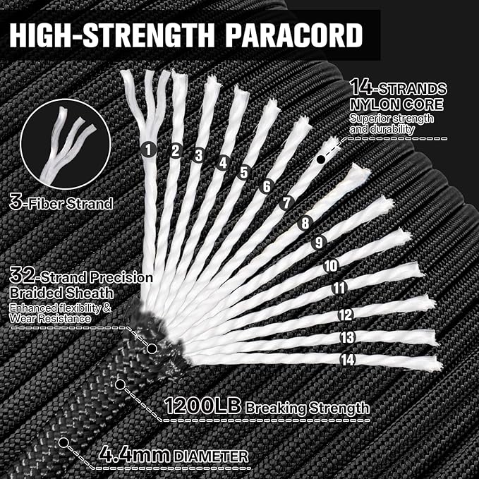 1200 Paracord Rope - 4.4mm 14 Strand Nylon Parachute Spool para Cord Lanyard for Outdoor Camping Survival Utility Tent Crafting DIY Projects Fishing Clothsline Bracelet - Black 1000FT