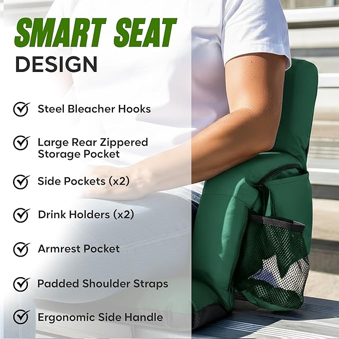 BRAWNTIDE Stadium Seat for Bleachers with Back Support - Wide Padded Reclining Bleacher Seat, Portable Folding Stadium Chair with Armrests, Hooks, Straps, Cup Holders & Pockets for Games & Concerts