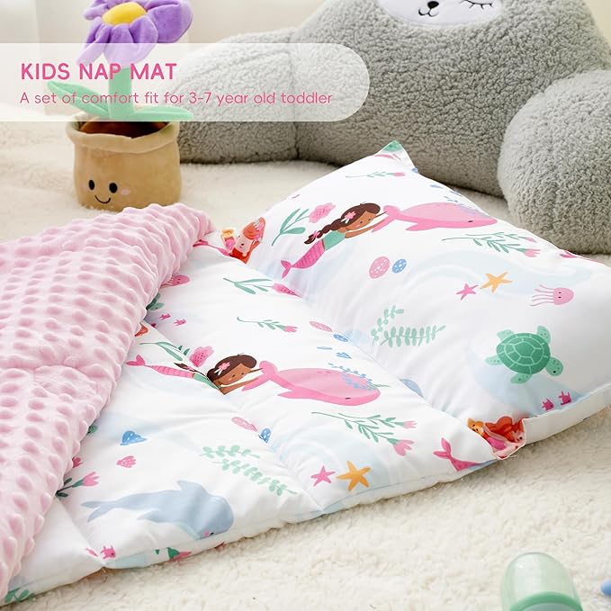 Bunnikins & Clover Toddler Nap Mat with Removable Pillow, Nap Mats for Preschool, Easy Clean Toddler Nap Pad for Kindergarten, Kids Sleeping Bag for Travel Camping