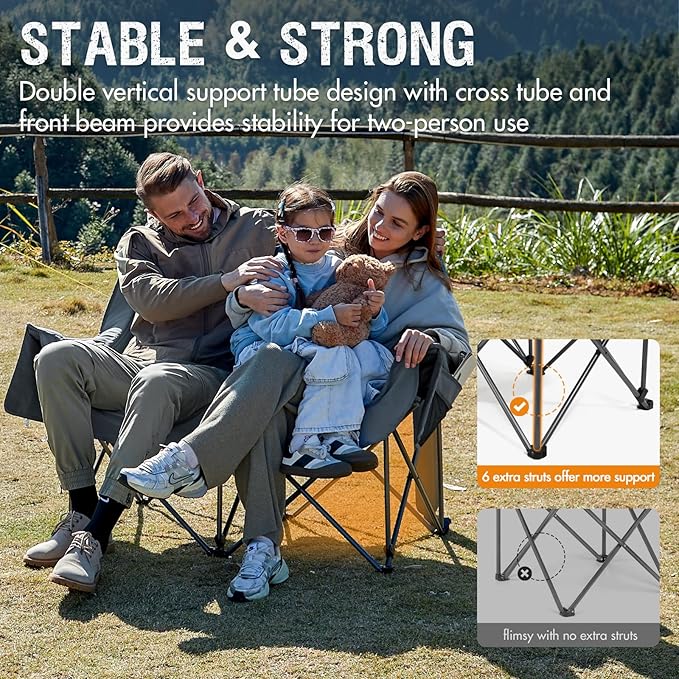 Portal Double Camping Chair, 2 Person Folding Loveseat for Adults, Padded Cushion Camp Lawn Love Seat with Side Pocket Portable Couch, Two Person Heavy Duty Wide Chairs with Cup Holder, 600 lbs