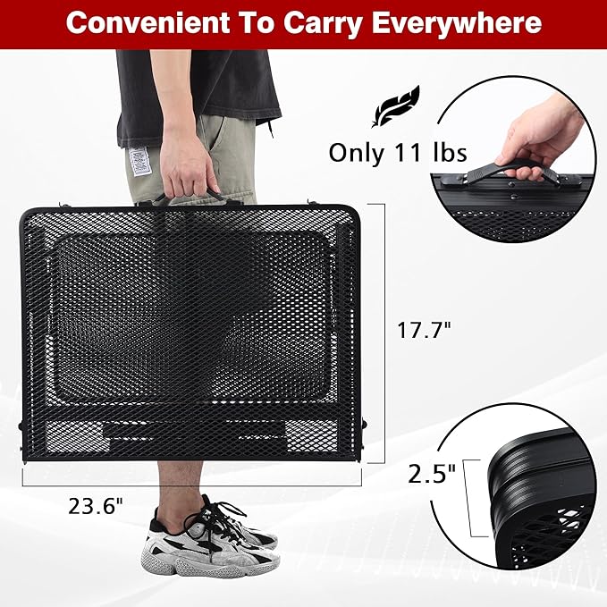 Folding Grill Table, 3x2 FT Portable Camping Table with 2 Wing Panels, Height Adjustable Metal Tables with Mesh Desktop and Mesh Bag, Outdoor Furniture for Camping, Picnic, Beach and BBQ, Black