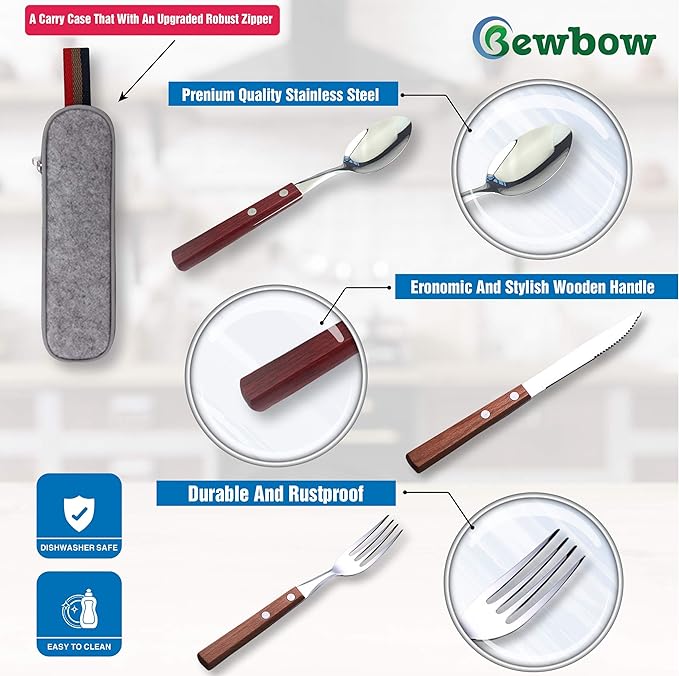 PREMIUM QUALITY Stainless Steel travel utensils Set with case, Healthy & Eco-Friendly 3pc Full Size Fork, Spoon, Portable, reusable utensils with case