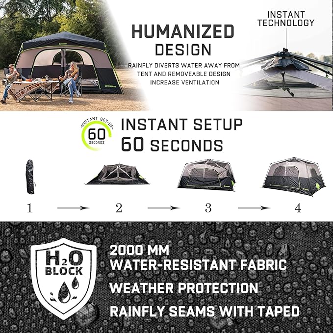 4/6/8 Person Instant Tent, Waterproof Pop Up Tents for Camping with Rainfly, 60 Seconds Easy Setup, Automatic Cabin Tent for Family Camping with Expandable Carry Bag & Upgraded Ventilation