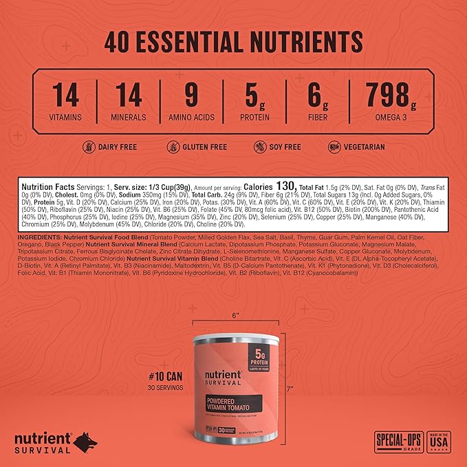 Nutrient Survival Tomato Powder, Powdered Vitamin Tomato (30 Servings) Emergency Food Supply & Camping Supplies for Soups, Sauces, Meatloaf, 40 Nutrients, Shelf Stable up to 25 Years, One Can