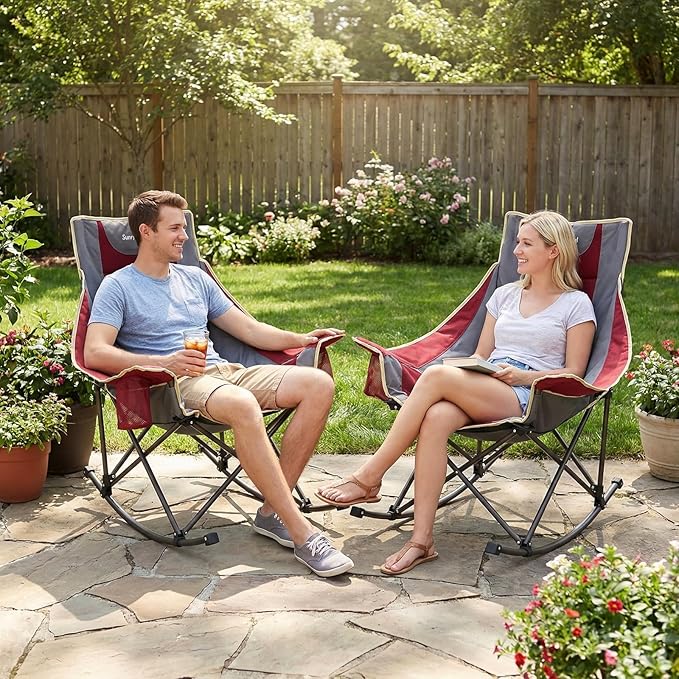 SUNNYFEEL Rocking Camping Chair 2 Pack Fully Padded Patio Folding Chair Portable Oversized Outdoor Rocker High Back Lawn Recliner with Side Pocket Camp Rocker Chairs for Adults Heavy Duty 500 LBS Red
