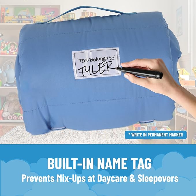 Jay Franco Kids Nap Mat with Embedded Pillow & Blanket – Soft 46"x20" Microfiber Sleeping Bag with Name Tag & Handle for School, Travel, Sleepover