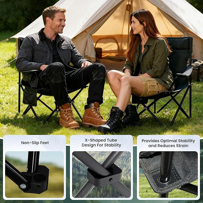 Portable Camping Chair 2 Pack, Folding Outdoor Chair with Cup Holder & Side Pocket for Camping (Black, 2 Pack)