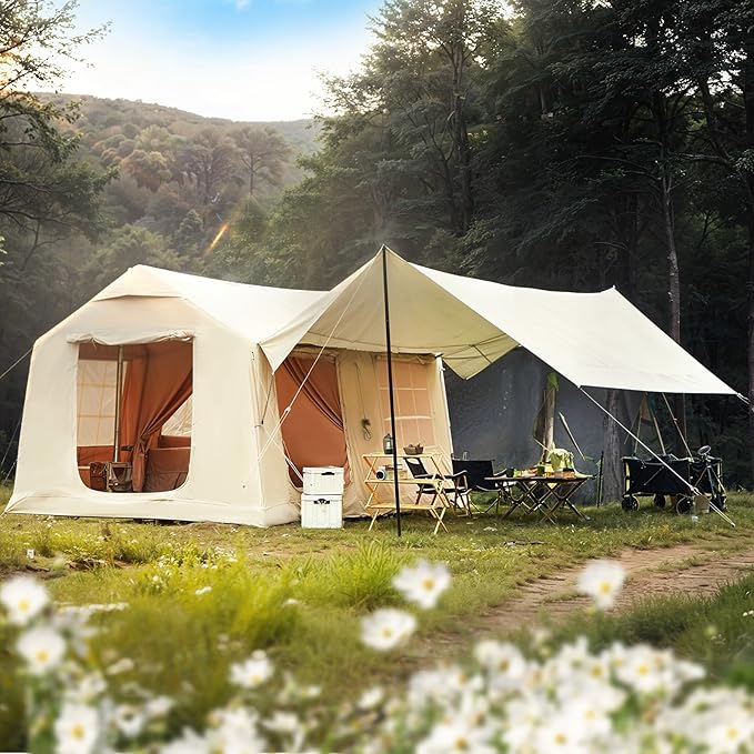 YOLENY Inflatable Tents for Camping, 6-12 Person Blow Up Tent with TPU Skylight, Canopy, Mesh Windows, Stove Jack & Pump, 4 Season Large Inflatable Tent, Waterproof & Windproof