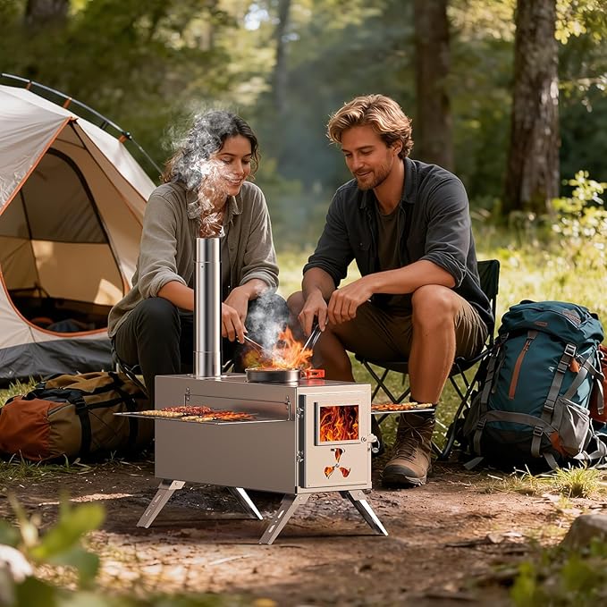 Upgraded Wood Stove, Hot Tent Stove Camping Portable Stainless Steel Wood Burning Stove with 7 Chimney Pipes for Wall Tent Camping, Hunting, Heating, Cooking, Ice Fishing, Boiling Water - Medium