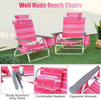 GYMAX Beach Chairs, Backpack Camping Chair with Armrest, Cooler Bag, Cup Holder, Towel Bar & Side Pockets, Sunbath Sling Tanning Lounge, Folding Layout Chair (4 Chairs Without Table, Pink Stripe)