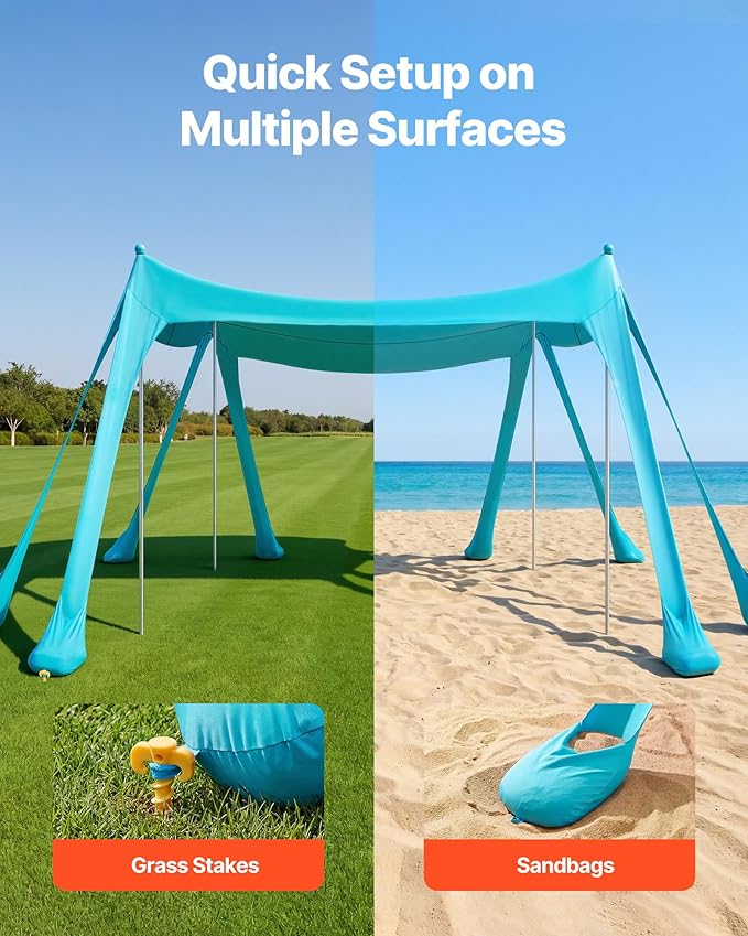 VEVOR Beach Tent Sun Shelter, UPF50+ Sun Protection, 6.6 ft Tall, 10 x 10 ft, Easy Pop Up Beach Canopy with Sandbags, Stability Poles, Sand Shovels, Portable Shade for Family, Camping, Fishing, Green