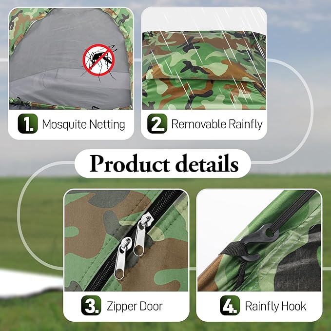 VINGLI Camouflage Camping Tent, Portable Dome Tent for 3/4 Person with 78L”x 78W”x 53H”Waterproof Nylon Oxford for Hiking, Climbing, Camping, Backpacking