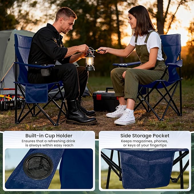 Portable Camping Chair 2 Pack, Folding Outdoor Chair with Cup Holder & Side Pocket for Camping (Navy Blue, 2 Pack)