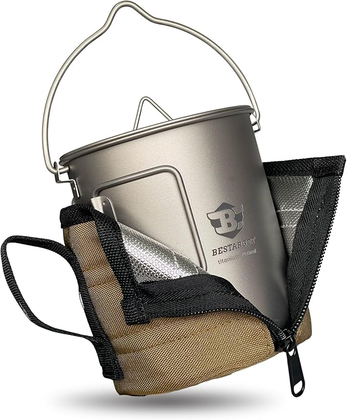 Bestargot Camping Titanium Pot, 750ml Outdoor Cup with Insulation Cup Carrier, Titanium Camping Drinkware, 132g Lightweight and Large Capacity