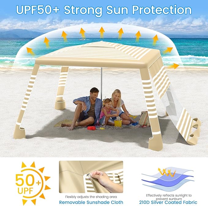 MoKo Beach Cabana, 8'×8' Large Beach Canopy with Side Wall, UPF 50+ Protection Easy Setup Beach Tent Sun Shelter, Adjustable Height Wind Resistant Cabana Beach Tent for Whole Family, Khaki Stripe