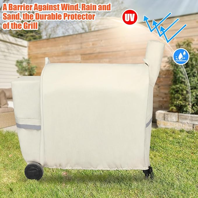 QuliMetal Pellet Grill Cover for Traeger Pro 34/780, Texas Elite 34, Eastwood 34 Series Pellet Grills, Z Grills 700/550/600, 600D Fade Resistant Full Length Grill Cover with Elastic Drawstrings, Beige
