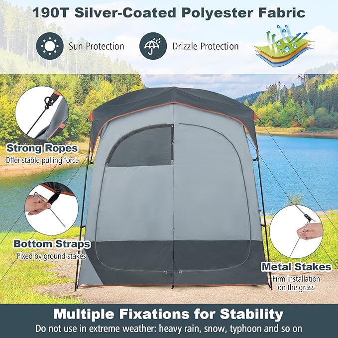Tangkula Double Room Shower Tent, Oversize Space Privacy Tent with Floor, Removable Rain Fly, Inside Pocket, Clothesline, Top Hook, Portable Outdoor Changing Tent for Dressing, Camping, Toilet