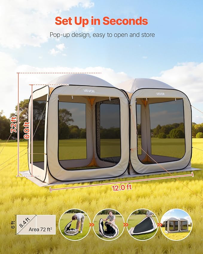 VEVOR 12x6ft 2-in-1 Pop-Up Screen House Tent, Dual Room Screen Gazebo, Portable Screened Canopy with Carry Bag, Netting Sides & Ground Stakes for Garden, Patio, Backyard & Outdoor Activities, Beige