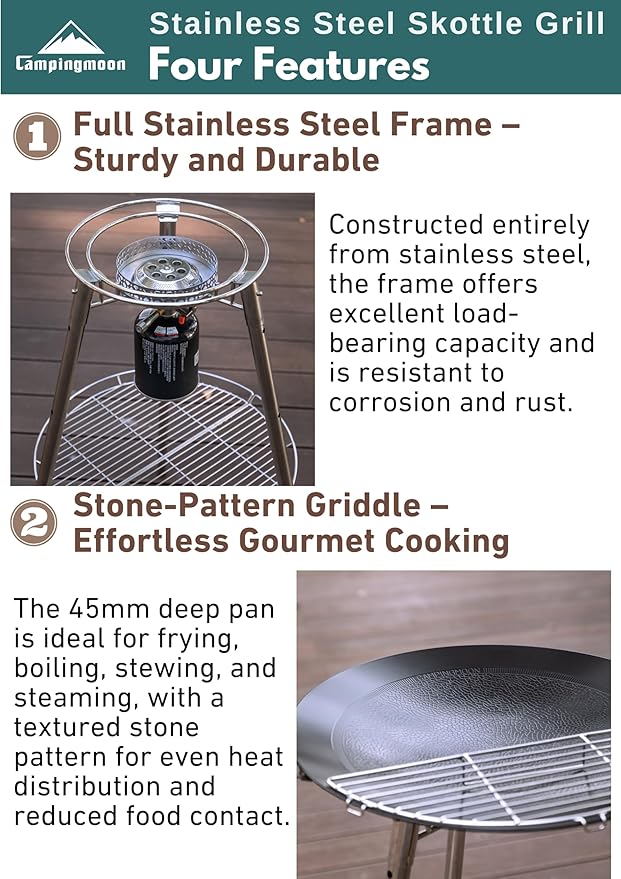 CAMPINGMOON Skottle Grill Cooking System Kit 18 inch Carbon Steel Pan Adjustable Legs Portable Camp Cooking Gear with Carry Bag (Skottle isobutane stove set GR-901)