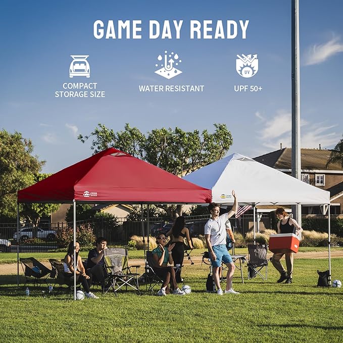 CROWN SHADES 10x10 Pop Up Canopy - Beach Tent with One Push Setup - Easy Outdoor Sun Shade for Events, Parties, Camping - Gazebo with STO-N-Go Cover Bag, Silver Coated Top, Red