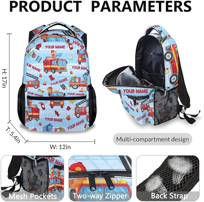 Custom Backpacks for Kids, Set of 3 Fire Truck School Backpacks Matching Combo for Boys Students, Personalized Lightweight Truck Bookbag with Lunch Box Set for School Camp Travel