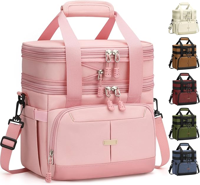 Lunch Box For Men Women Double Deck Insulated Lunch Bag For Men Woman Leakproof Expandable Cooler Bag with Adjustable Shoulder Strap for Work Picnic School(Pink,Medium)