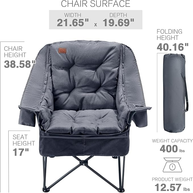 EVER ADVANCED XL Camping Chair with Detachable Cushion, Mesh Chair for Adults Foldable, Oversized Heavy Duty Folding Chair with Cooler Mesh Pocket Cupholder Outdoor Fishing, Supports 400LBS Grey