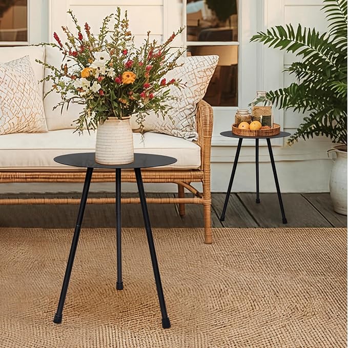 12.2" Small Round Outdoor Side Table - Adjustable Height (11.4" & 18.1") Sturdy Metal End Table, Anti-Rust Coated Iron Plant Stand, Portable Camp Table for Tent, Beach, Balcony, Black