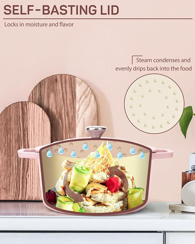 6 QT Dutch Oven Pot with Lid, Enameled Cast Iron Dutch Oven for Bread Making, Braiser, Cooking, Dual Handles, Oven Safe up to 500° F or on Stovetop, Gifts for Family - Pink