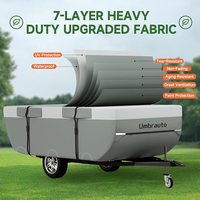 Umbrauto Pop Up Folding Camper Cover Fits 10‘-12’, Upgraded 7 Layers Top Tent Trailer Cover Waterproof Extra Thick Polypropylene Breathable Ripstop Pop Up Folding Trailer Cover