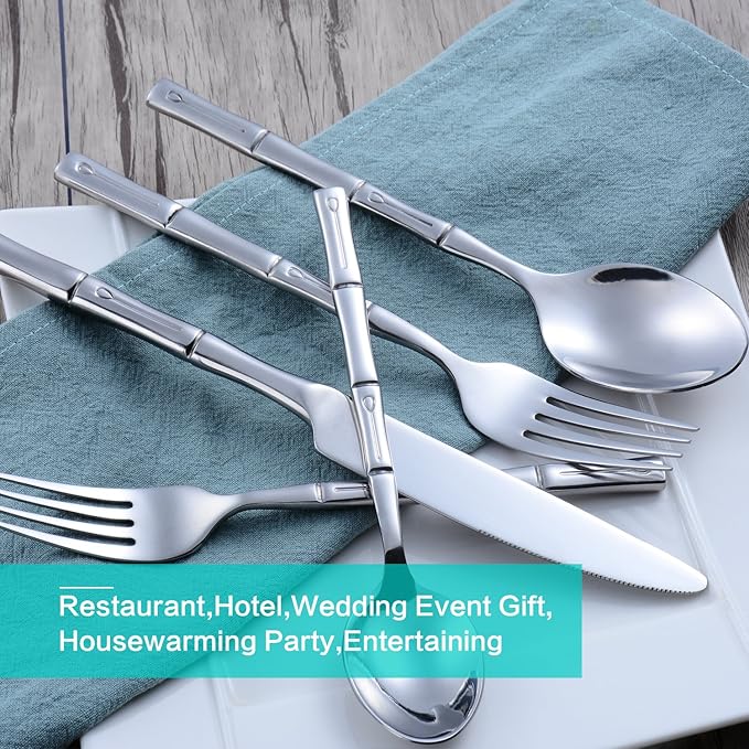 Silverware Set Stainless Steel Flatware Set 30 Pieces Cutlery Set Bamboo Handle Mirror Finished for Home Kitchen Restaurant Hotel Cutlery Set Service for 6